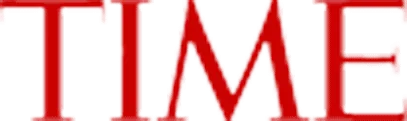 a red and white logo with the word time on it.
