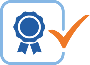 a blue and orange check mark on a black background.